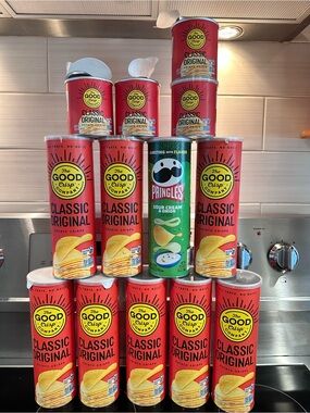 11 Empty Good Crisp Co Potato Chip Cans w/Lids GreenRed Classic Craft Containers